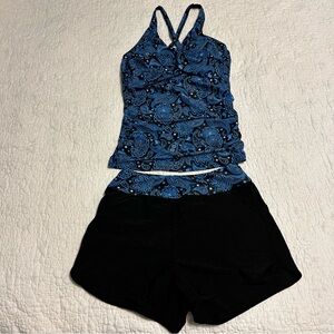 NEW Tempt Me 2 Piece Tankini Black Blue Paisley High Waist Short Bottom Sz Small